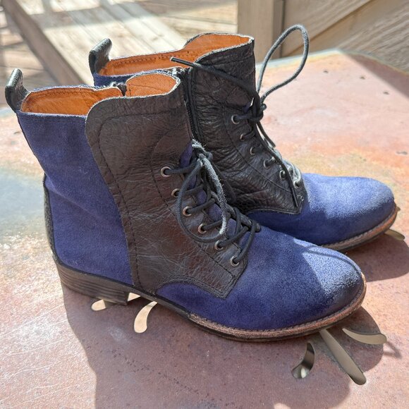 NAYA Anthropologie Agave Black Leather Blue Suede Zip Ankle Boot - Picture 3 of 11